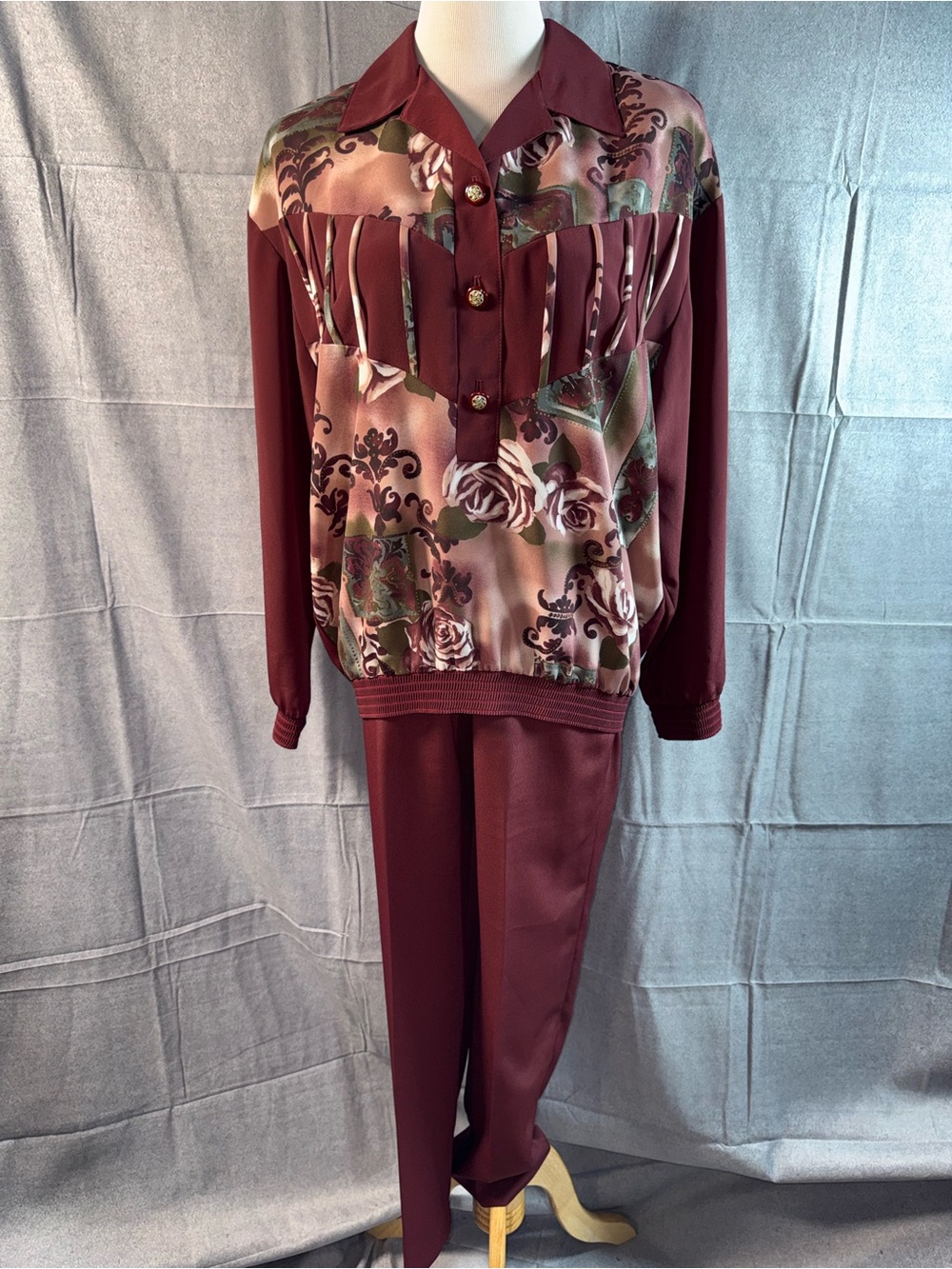 1219-Regal Women's Burgundy Jumpsuit with Elastic Waist